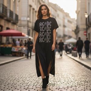 Chaser AC/DC Logo Gray Midi T-Shirt Dress Sz Large